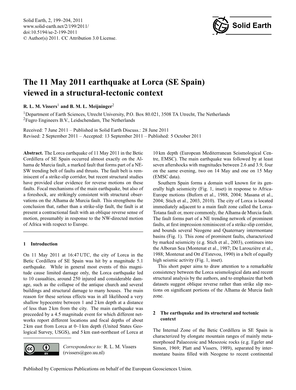 The 11 May 2011 Earthquake at Lorca (SE Spain) Viewed in a Structural-Tectonic Context