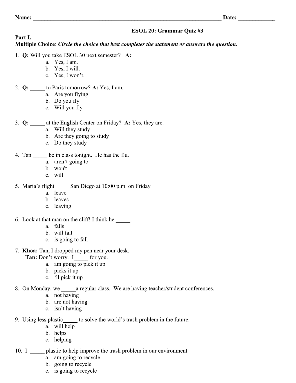 ESOL 20: Grammar Quiz #3