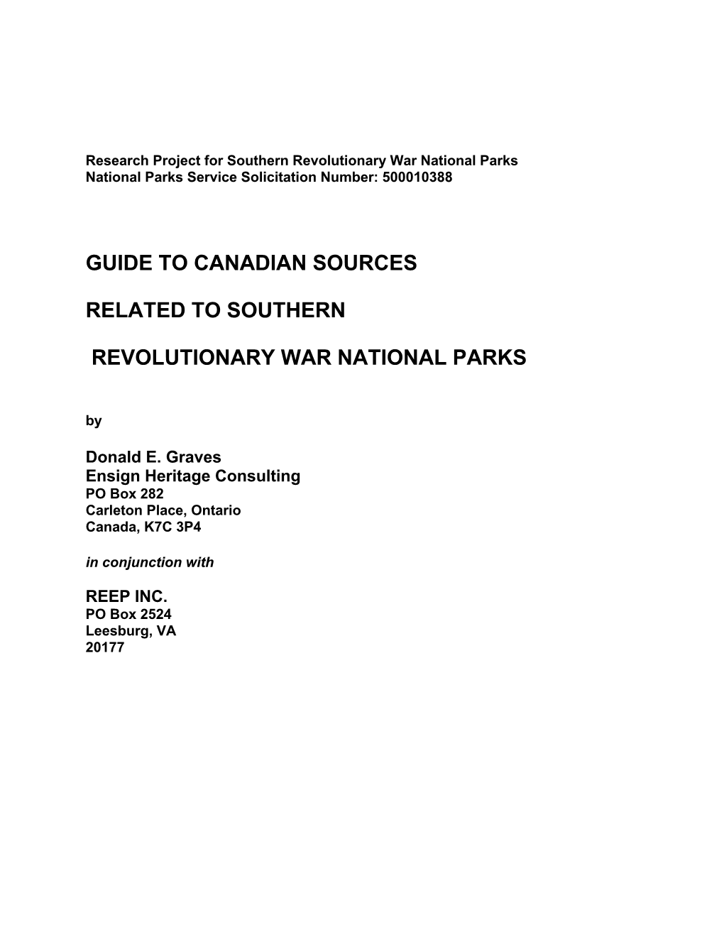 Guide to Canadian Sources Related to Southern Revolutionary War