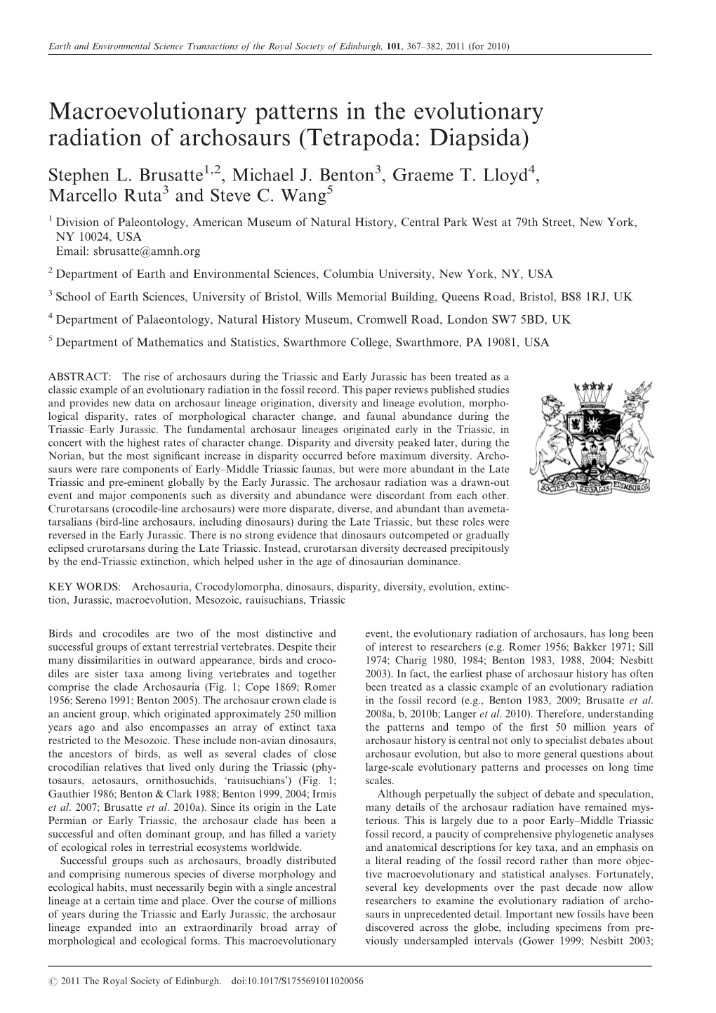 Macroevolutionary Patterns in the Evolutionary Radiation of Archosaurs (Tetrapoda: Diapsida) Stephen L