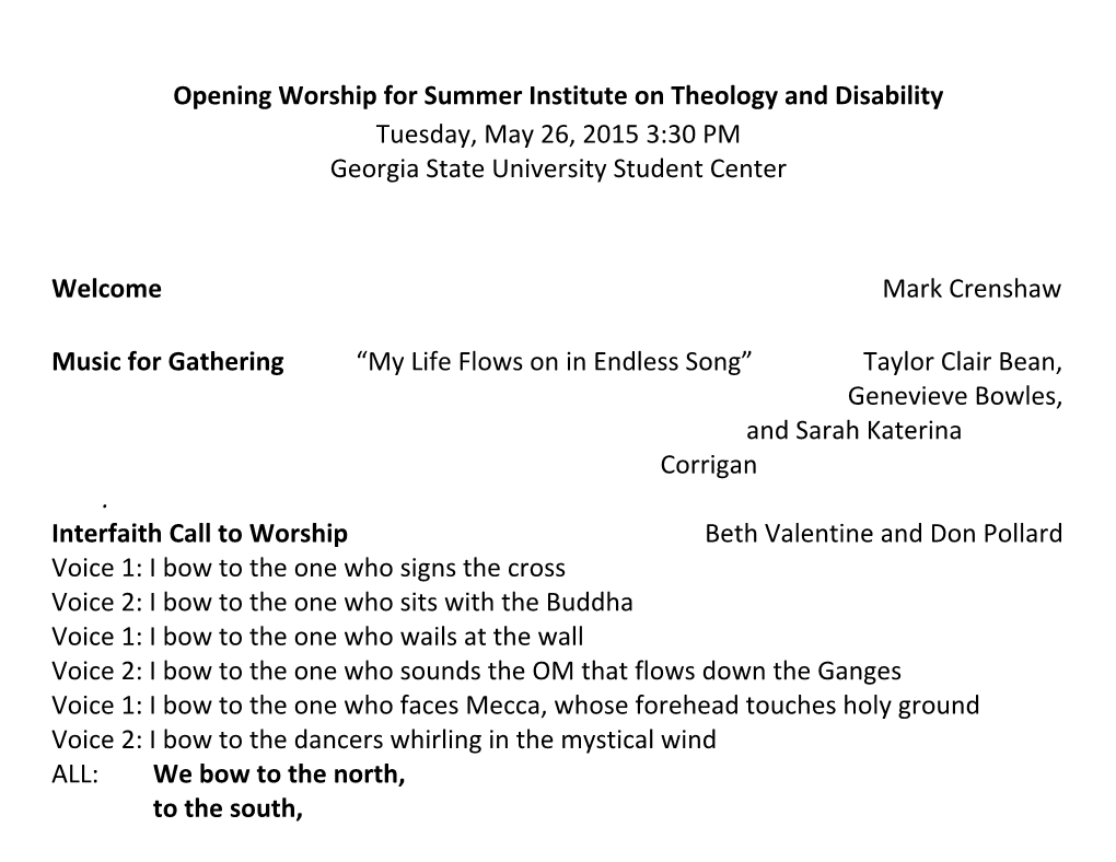 Opening Worship for Summer Institute on Theology and Disability