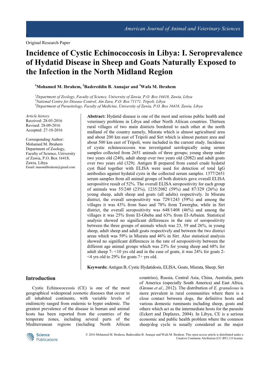 Incidence of Cystic Echinococcosis in Libya: I. Seroprevalence of Hydatid Disease in Sheep and Goats Naturally Exposed to the Infection in the North Midland Region