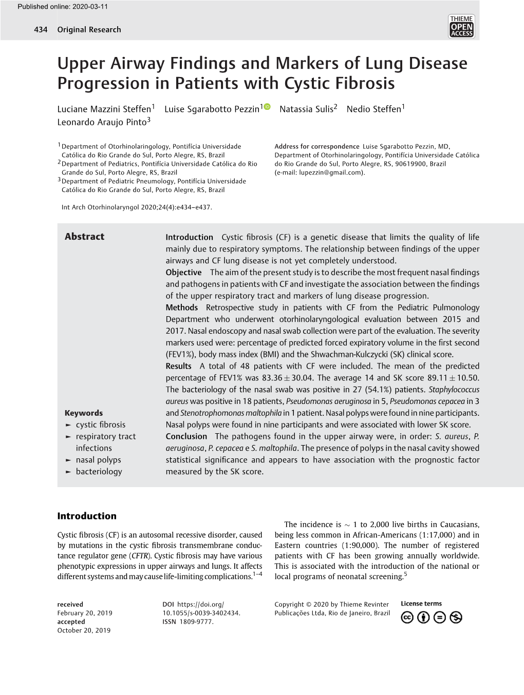 Upper Airway Findings and Markers of Lung Disease Progression in Patients with Cystic Fibrosis