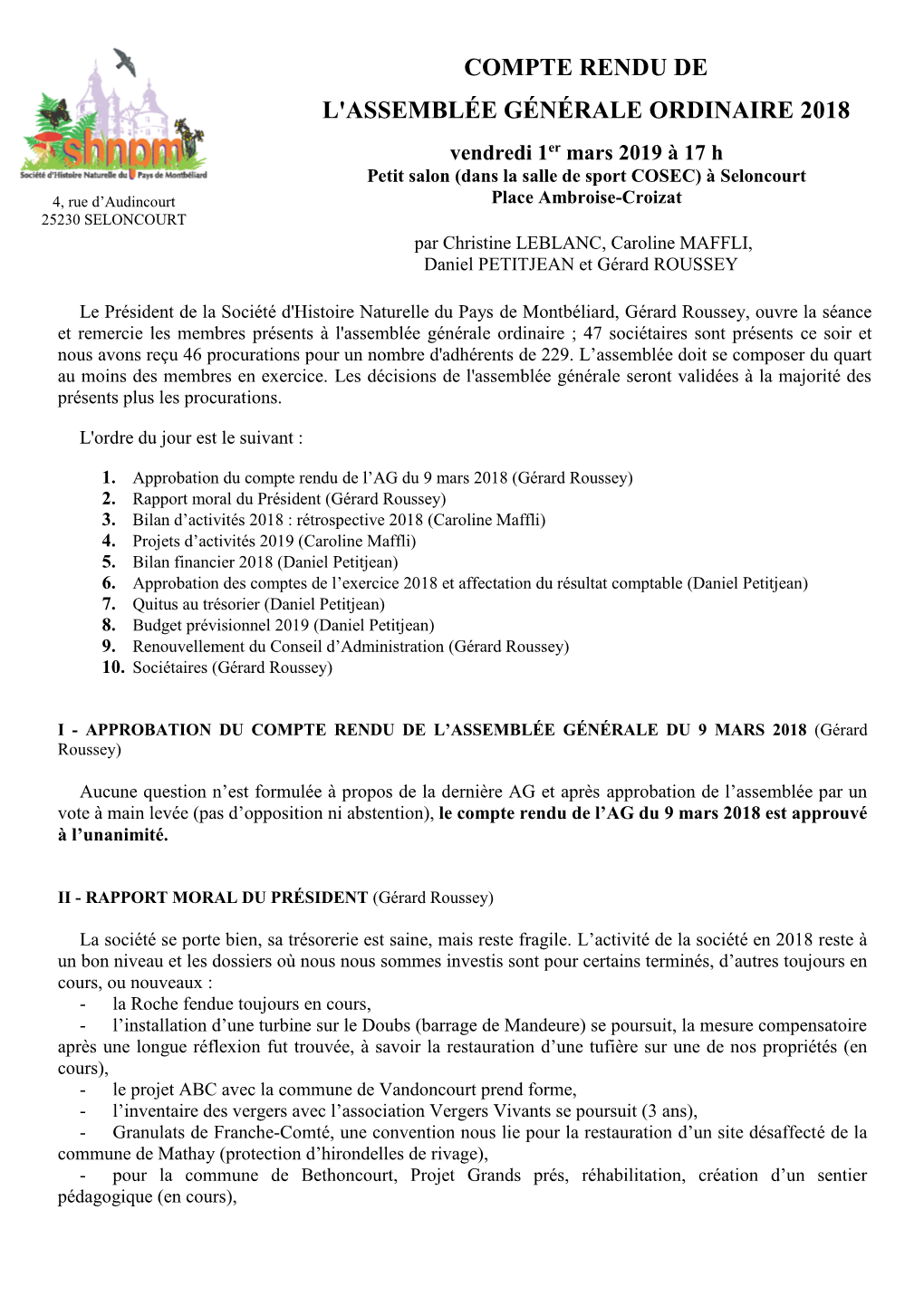 Assemblée Générale Ordinaire 2018