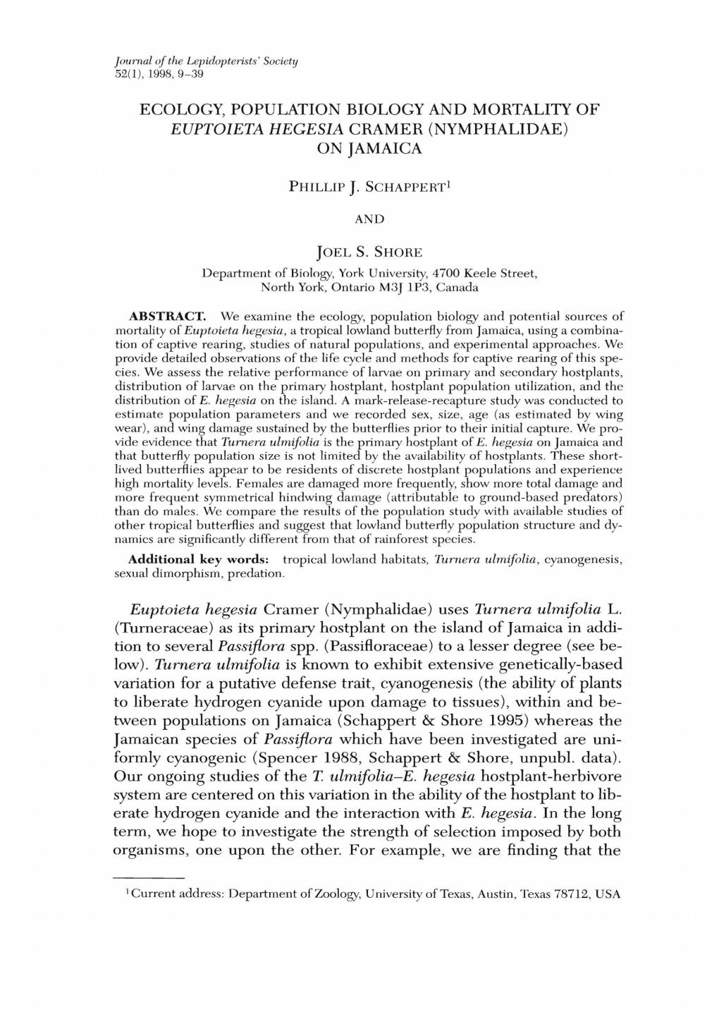 Ecology, Population Biology and Mortality of Euptoieta Hegesia Cramer (Nymphalidae) on Jamaica