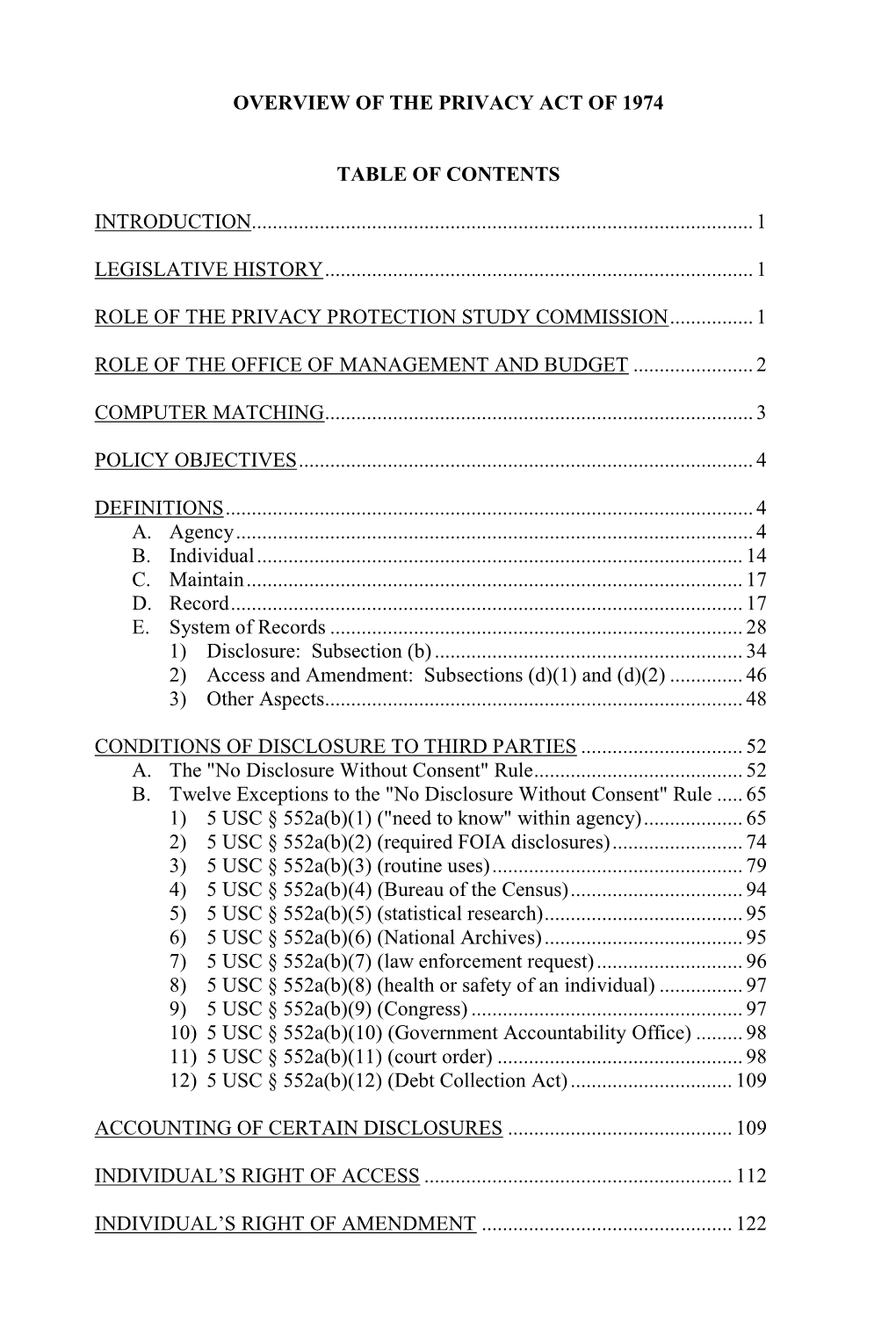 Overview of the Privacy Act of 1974 Table of Contents