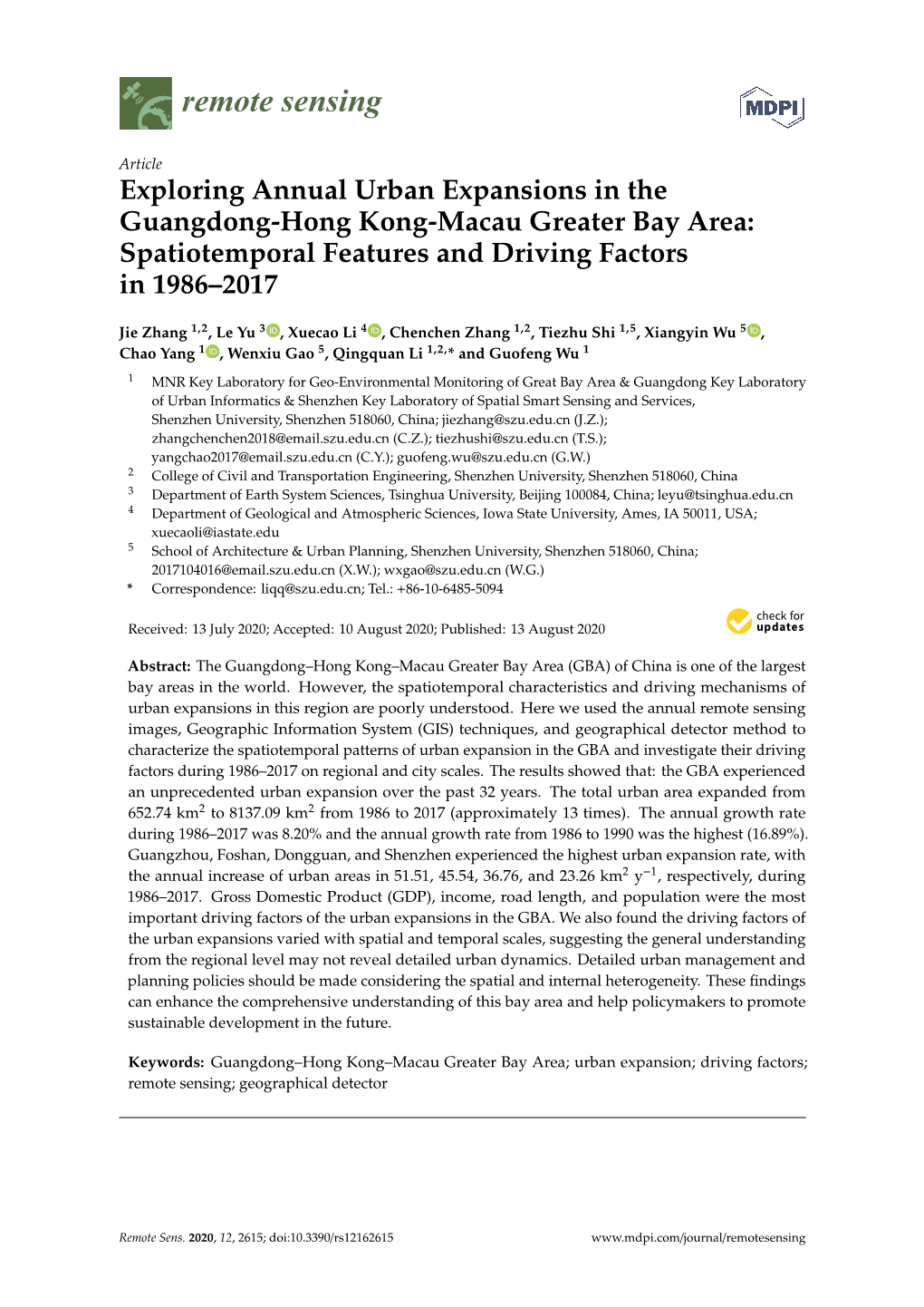 Exploring Annual Urban Expansions in the Guangdong-Hong Kong-Macau Greater Bay Area: Spatiotemporal Features and Driving Factors in 1986–2017