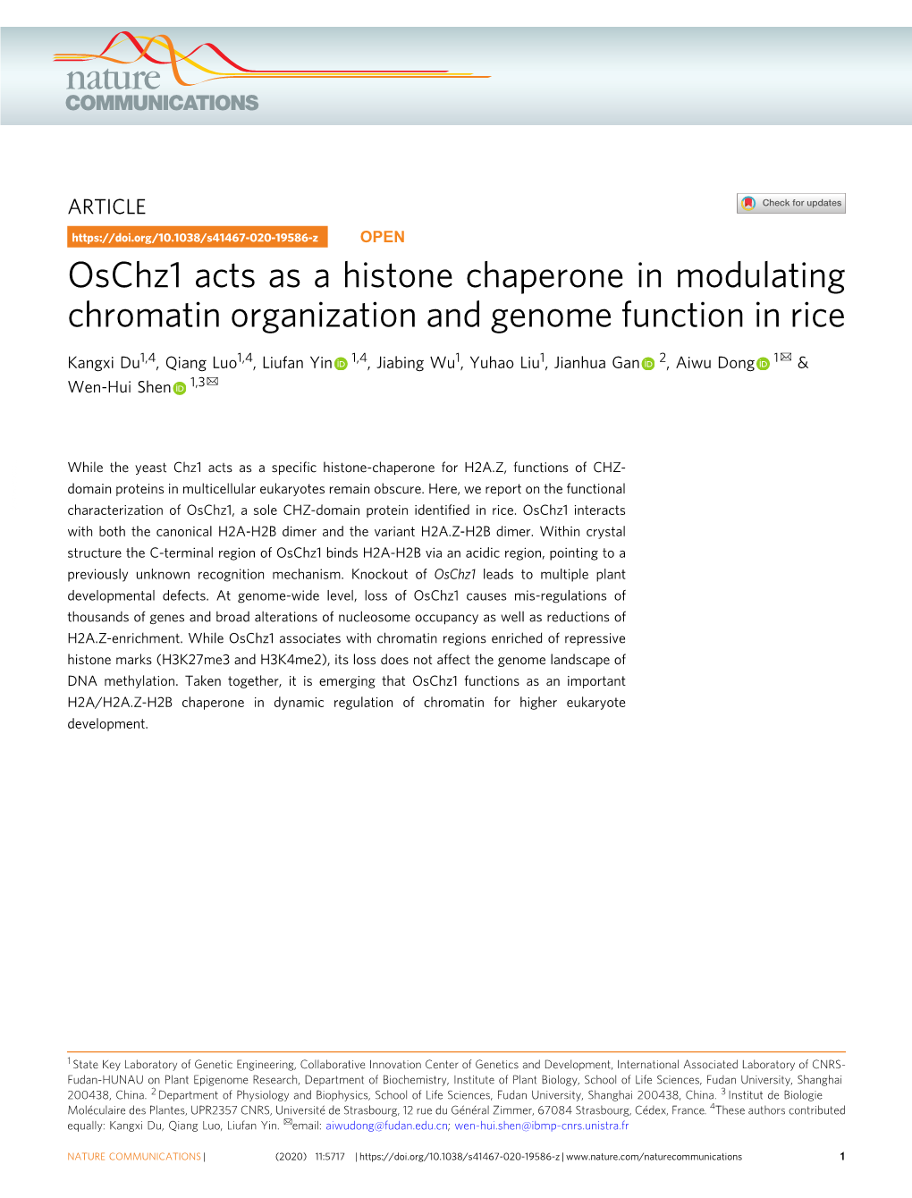 Oschz1 Acts As a Histone Chaperone in Modulating Chromatin