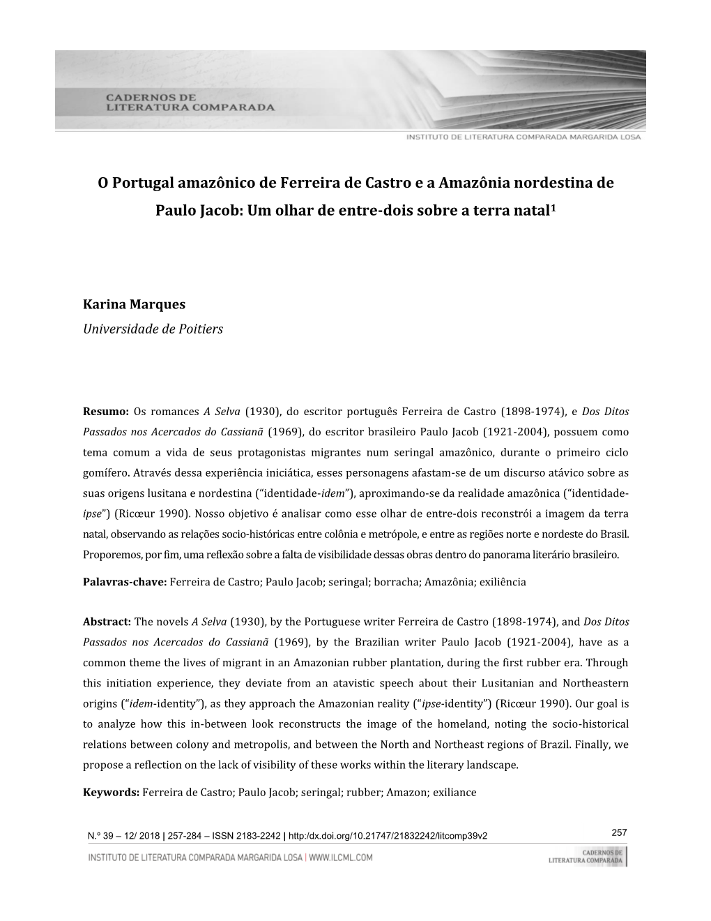 O Portugal Amazônico De Ferreira De Castro E a Amazônia Nordestina De Paulo Jacob: Um Olhar De Entre-Dois Sobre a Terra Natal1