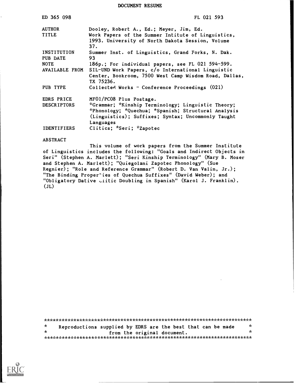 Work Papers of the Summer Intitute of Linguistics, 1993. University of North Dakota Session, Volume 37