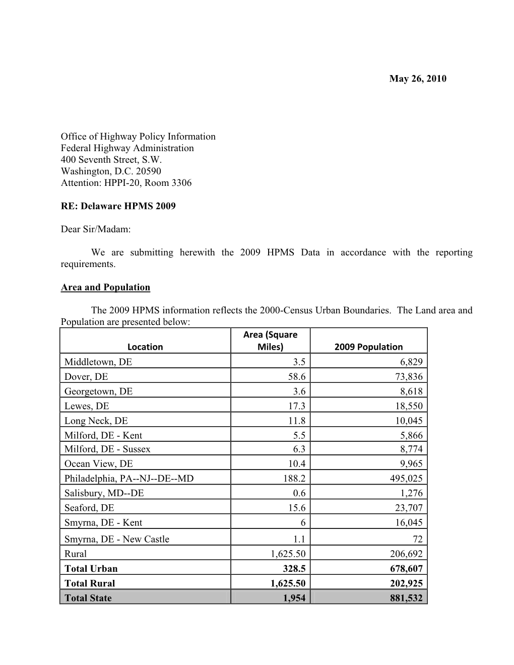 Delaware's 2009 HPMS Submission Comments