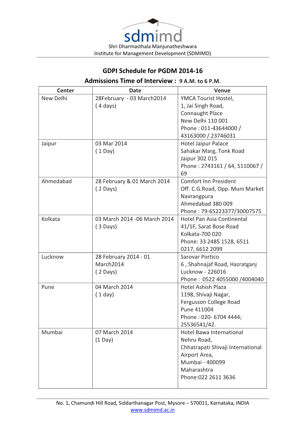 GDPI Schedule for PGDM 2014-16 Admissions Time of Interview : 9 A.M