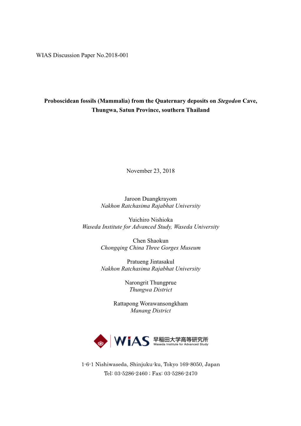 WIAS Discussion Paper No.2018-001 Proboscidean Fossils (Mammalia