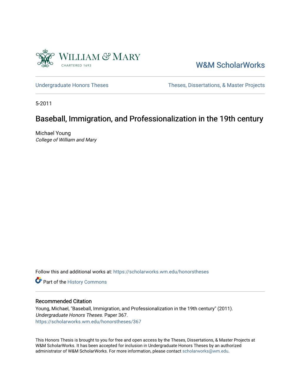 Baseball, Immigration, and Professionalization in the 19Th Century