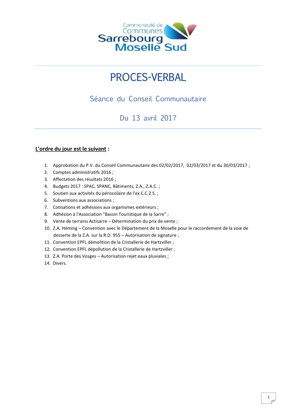 Compte Rendu Du Conseil Communautaire Du 13 Avril 2017
