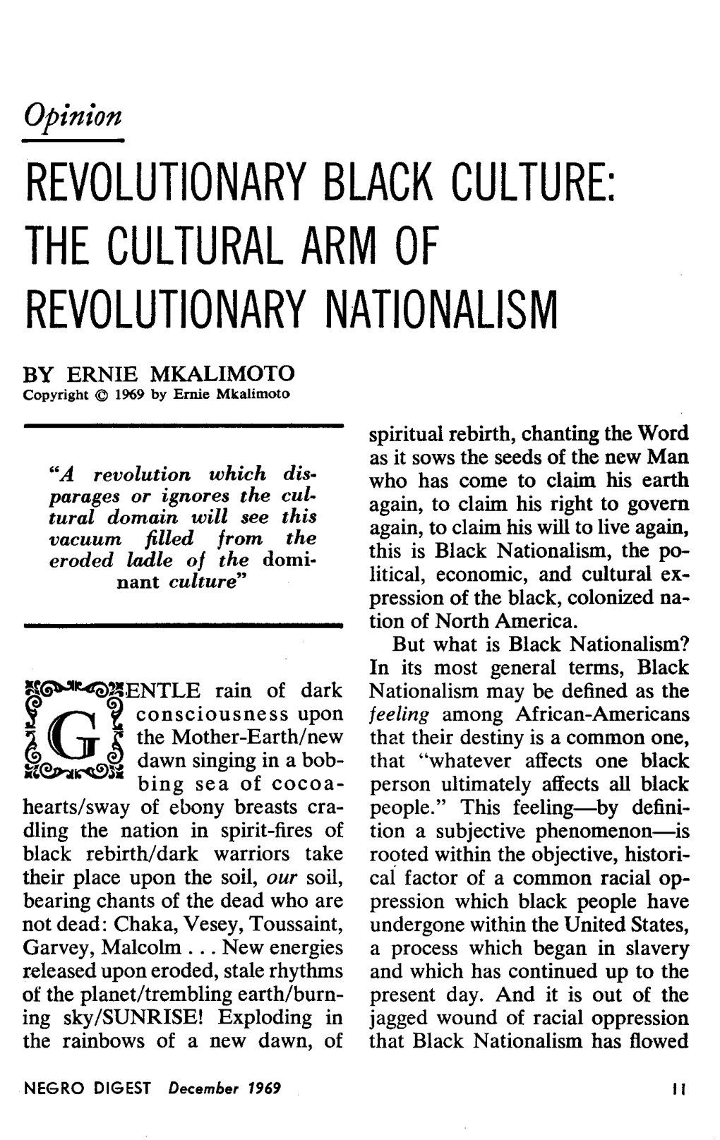Revolutionary Black Culture: the Cultural Arm of Revolutionary Nationalism