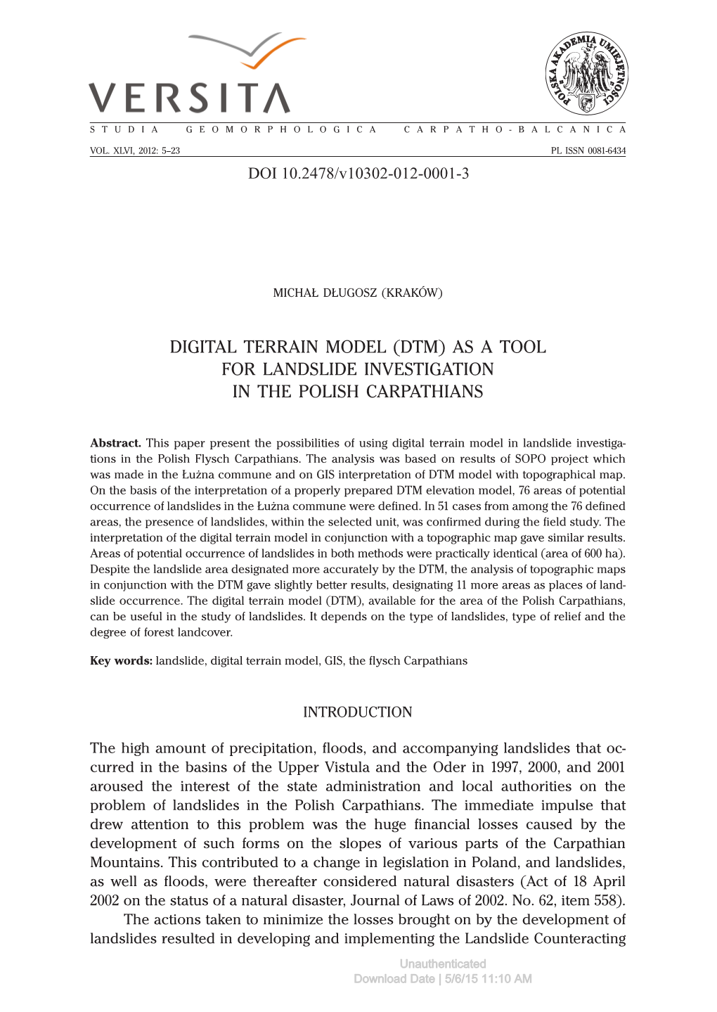 Digital Terrain Model (Dtm) As a Tool for Landslide Investigation in the Polish Carpathians