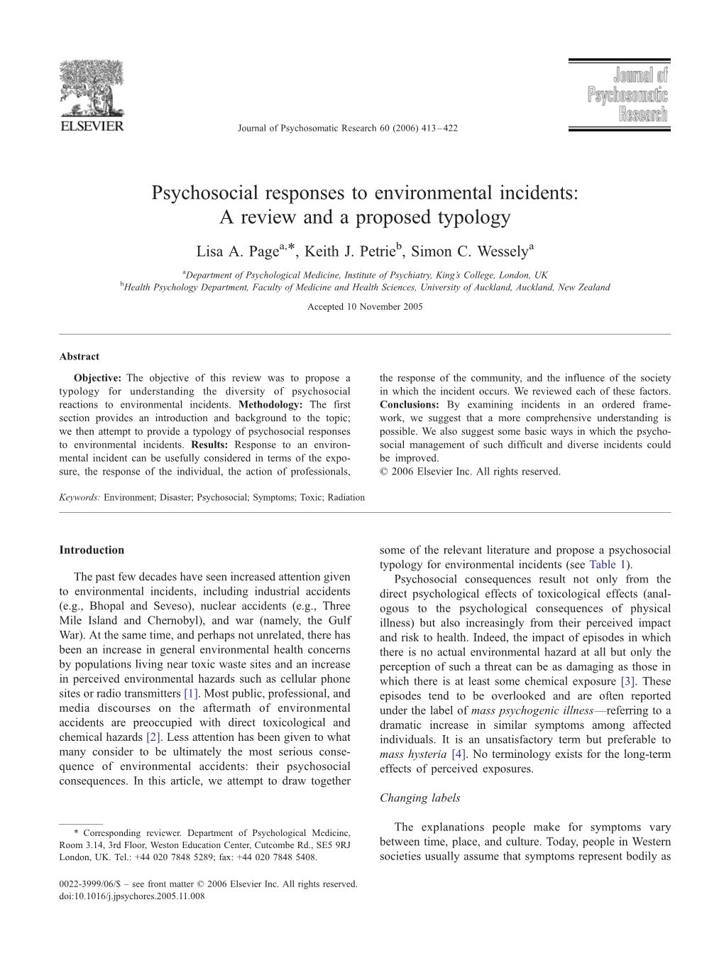 Psychosocial Responses to Environmental Incidents: a Review and a Proposed Typology