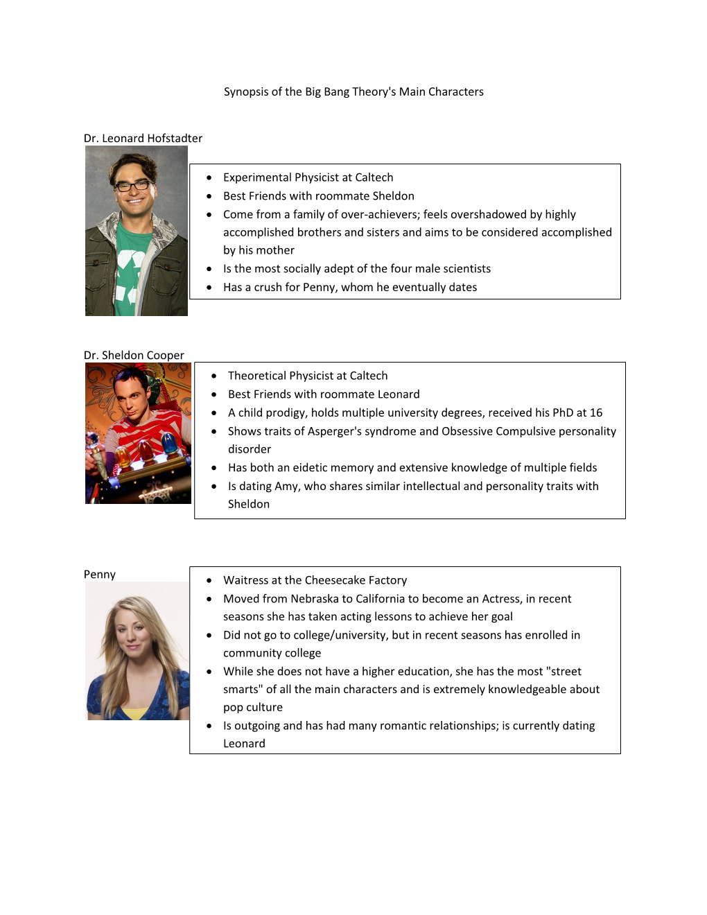 Synopsis of the Big Bang Theory's Main Characters Dr. Leonard