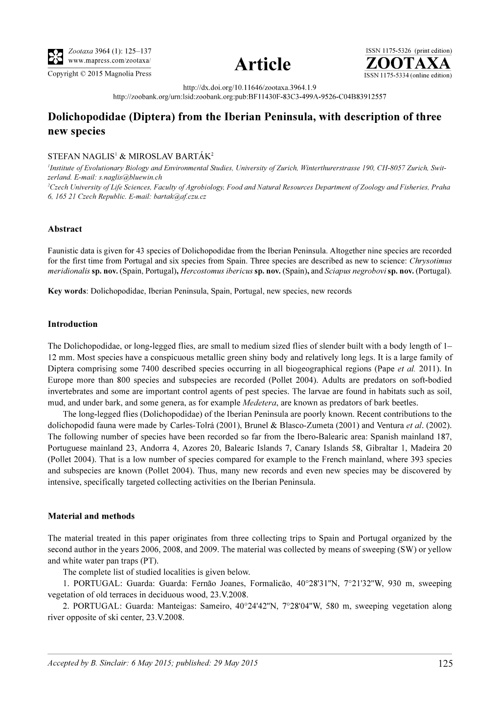 Dolichopodidae (Diptera) from the Iberian Peninsula, with Description of Three New Species