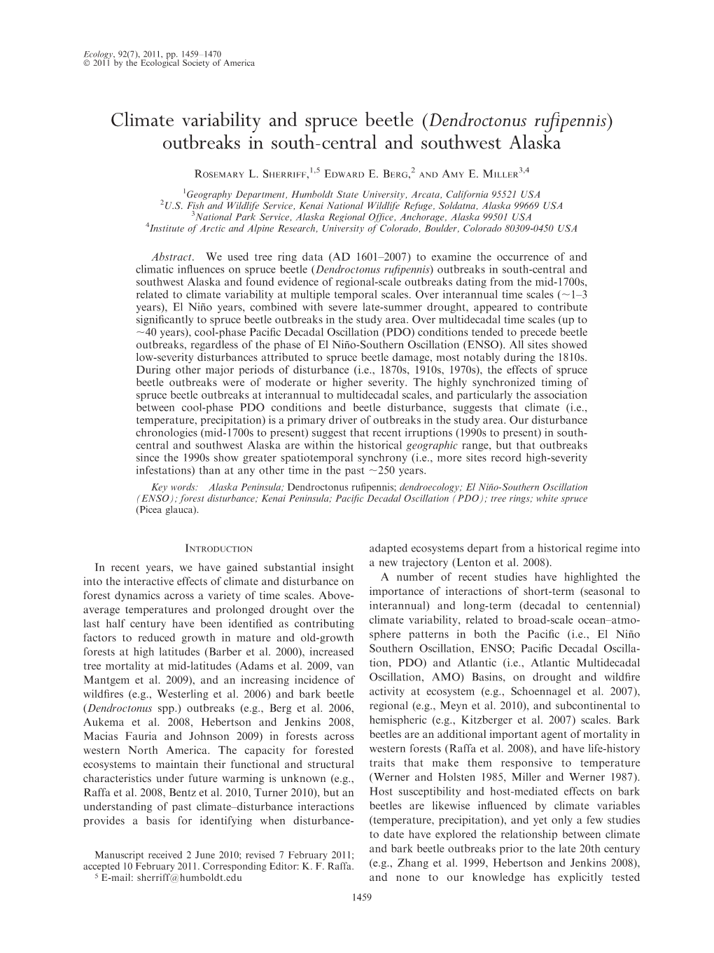 Climate Variability and Spruce Beetle (Dendroctonus Rufipennis) Outbreaks in South-Central and Southwest Alaska