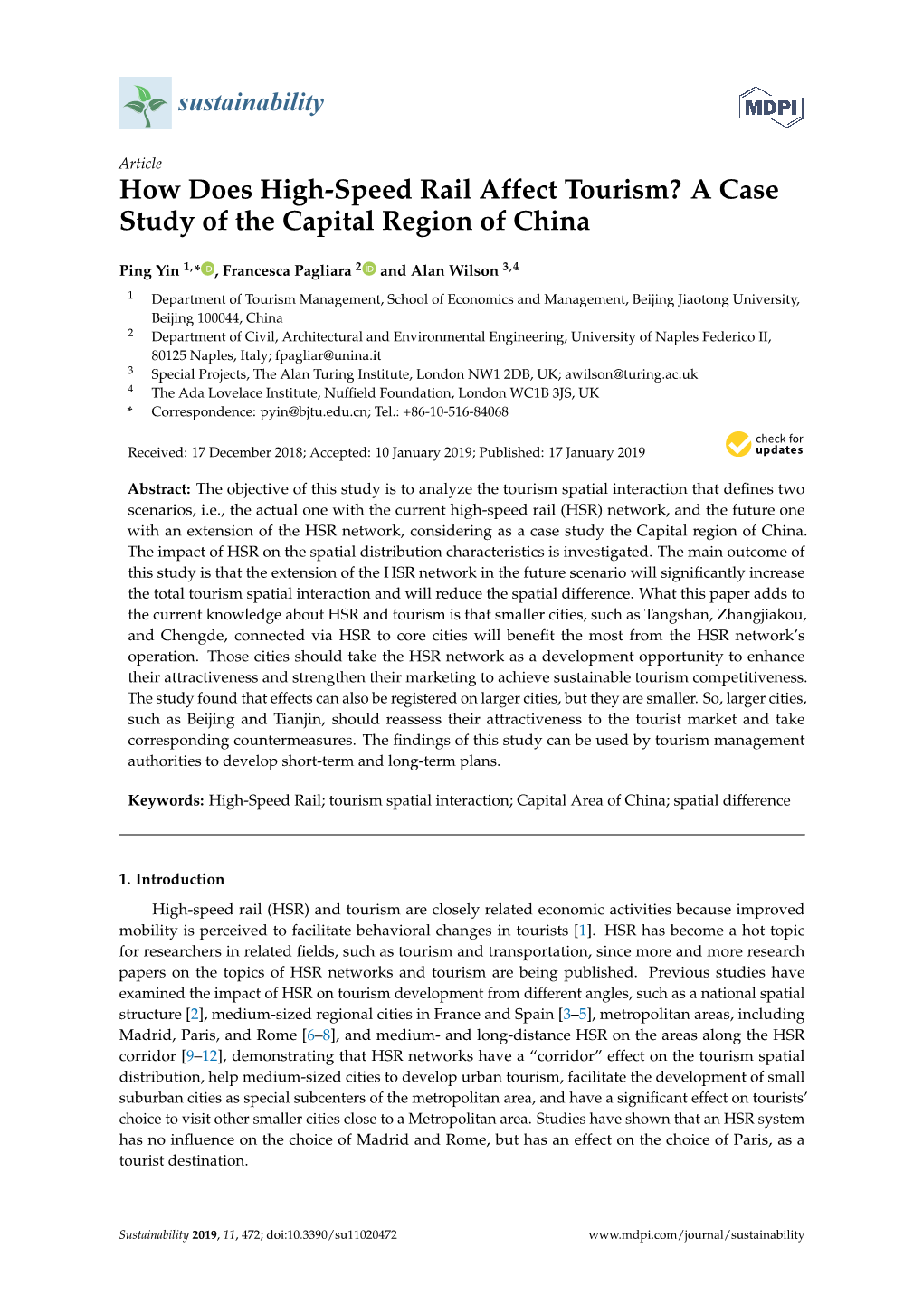 How Does High-Speed Rail Affect Tourism? a Case Study of the Capital Region of China