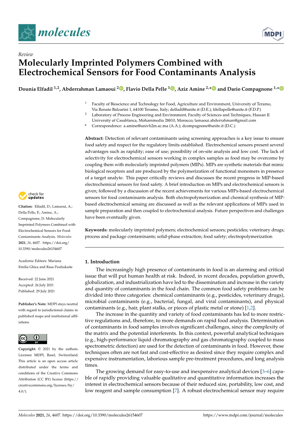 Molecularly Imprinted Polymers Combined with Electrochemical Sensors for Food Contaminants Analysis