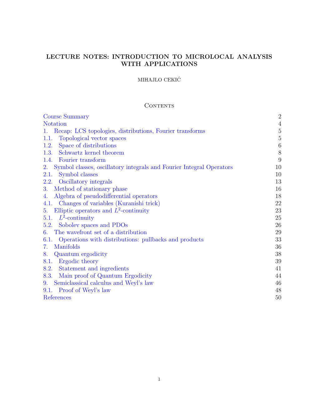 Lecture Notes: Introduction to Microlocal Analysis with Applications