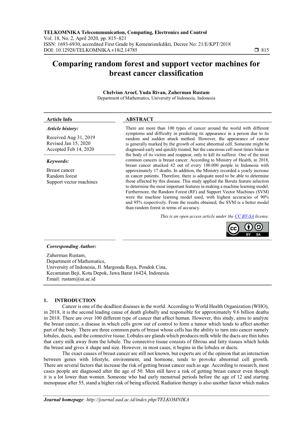 Comparing Random Forest and Support Vector Machines for Breast Cancer Classification