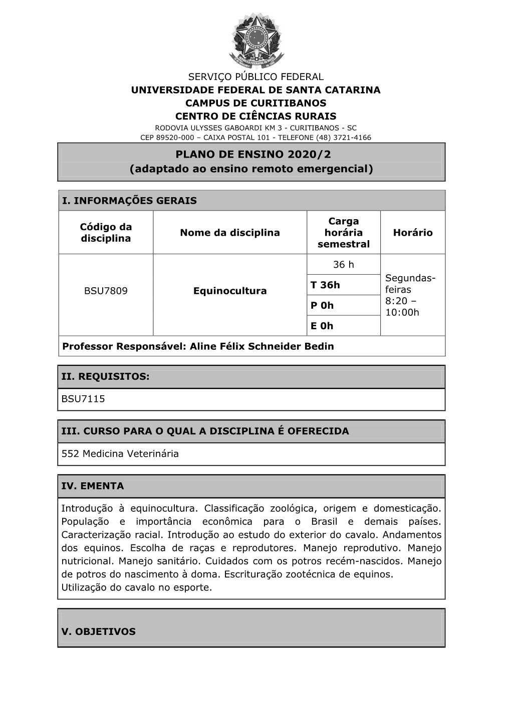 PLANO DE ENSINO 2020/2 (Adaptado Ao Ensino Remoto Emergencial)