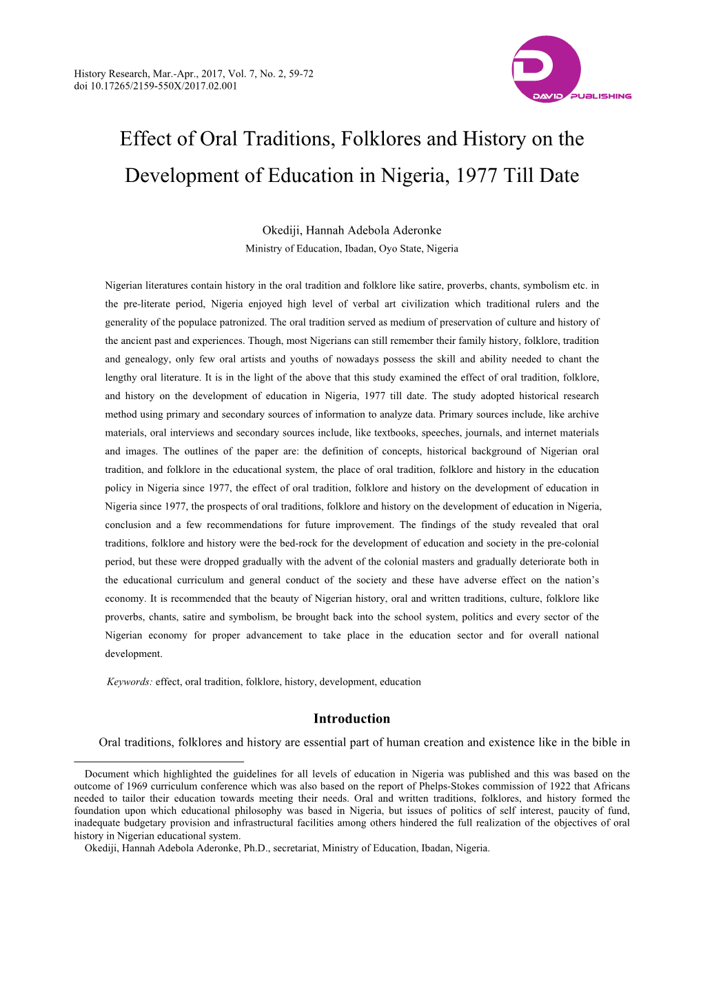 Effect of Oral Traditions, Folklores and History on the Development of Education in Nigeria, 1977 Till Date