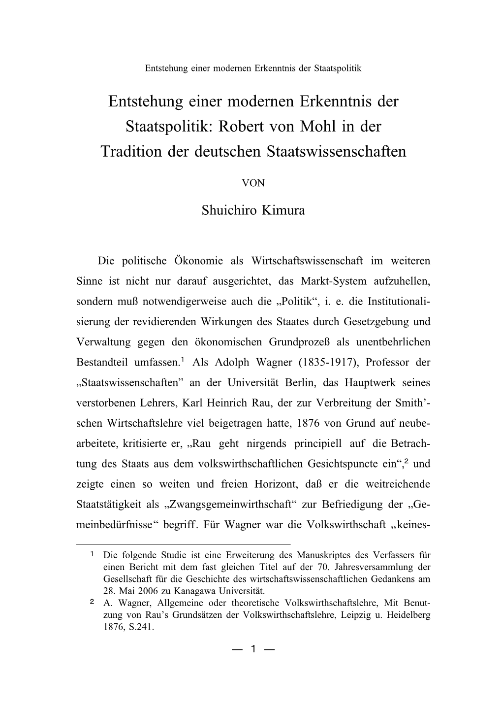 Robert Von Mohl in Der Tradition Der Deutschen Staatswissenschaften