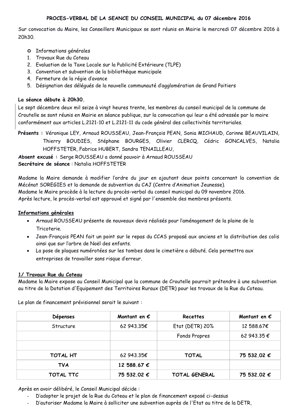 PROCES-VERBAL DE LA SEANCE DU CONSEIL MUNICIPAL Du 07 Décembre 2016