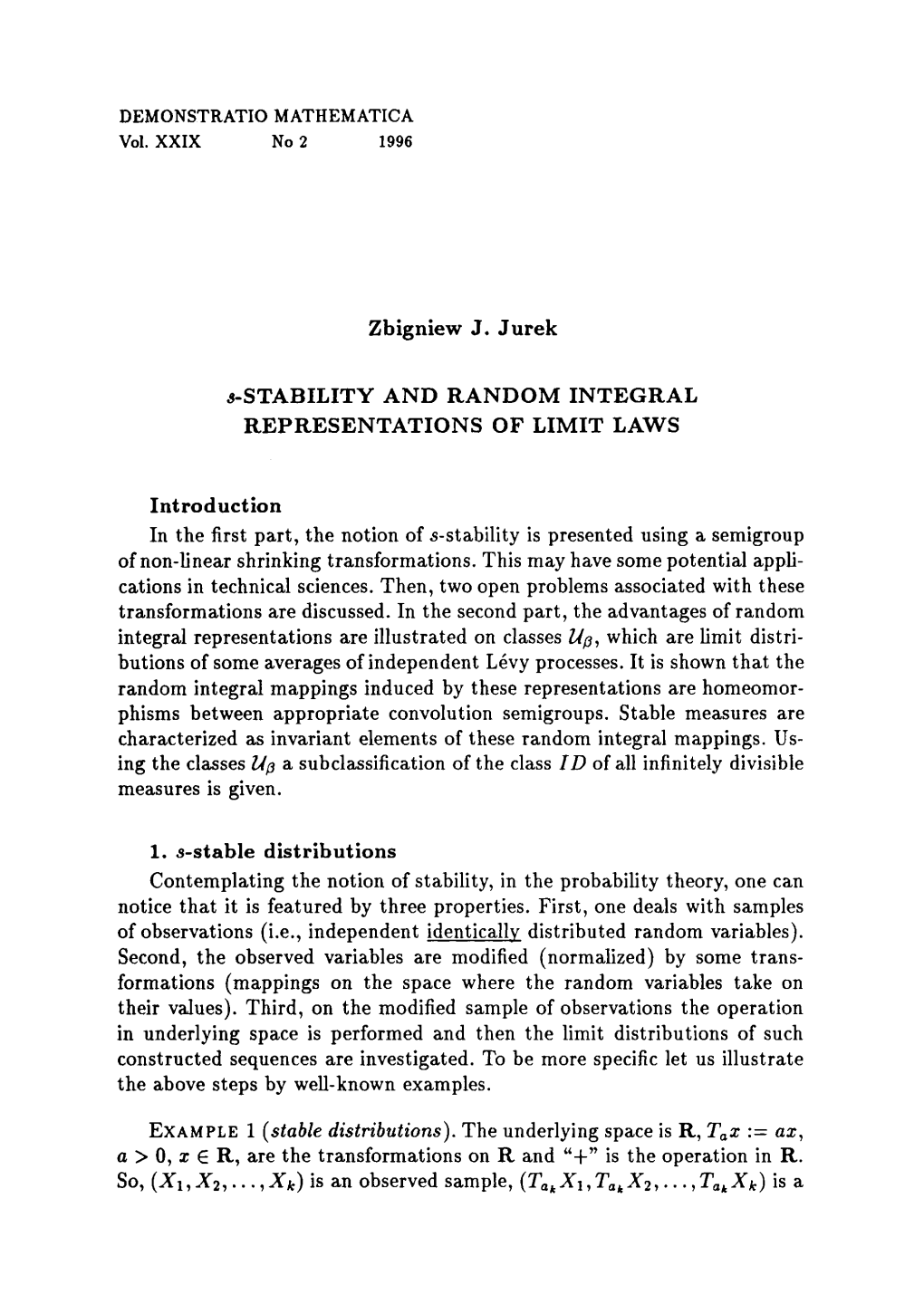 Zbigniew J. Jurek ¿-STABILITY and RANDOM INTEGRAL