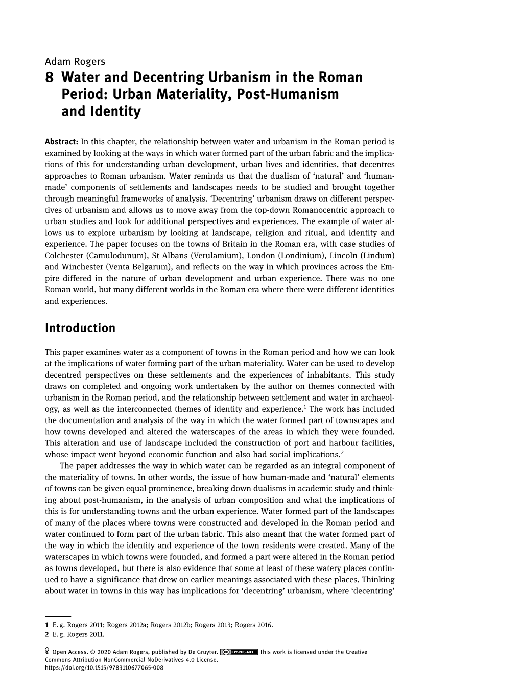 8 Water and Decentring Urbanism in the Roman Period: Urban Materiality, Post-Humanism and Identity