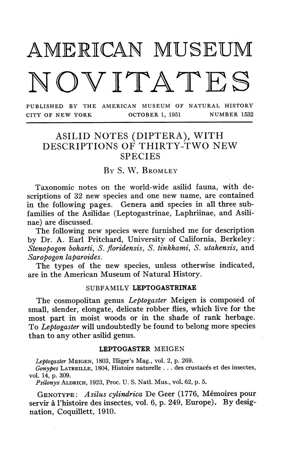 Novitates Published by the American Museum of Natural History City of New York October 1, 1951 Number 1532