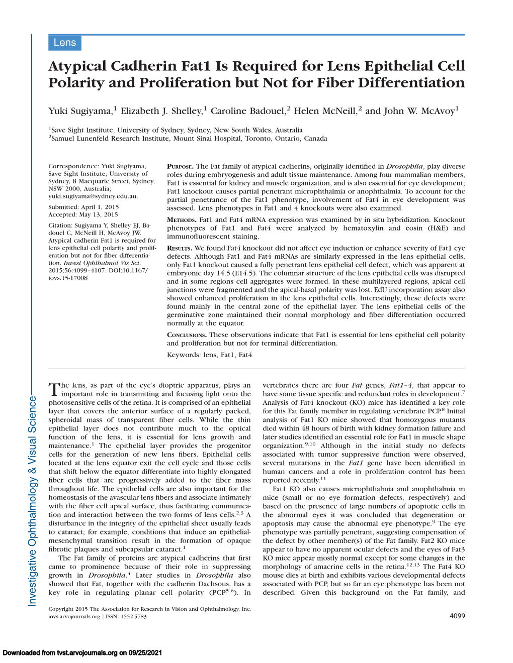 Atypical Cadherin Fat1 Is Required for Lens Epithelial Cell Polarity and Proliferation but Not for Fiber Differentiation