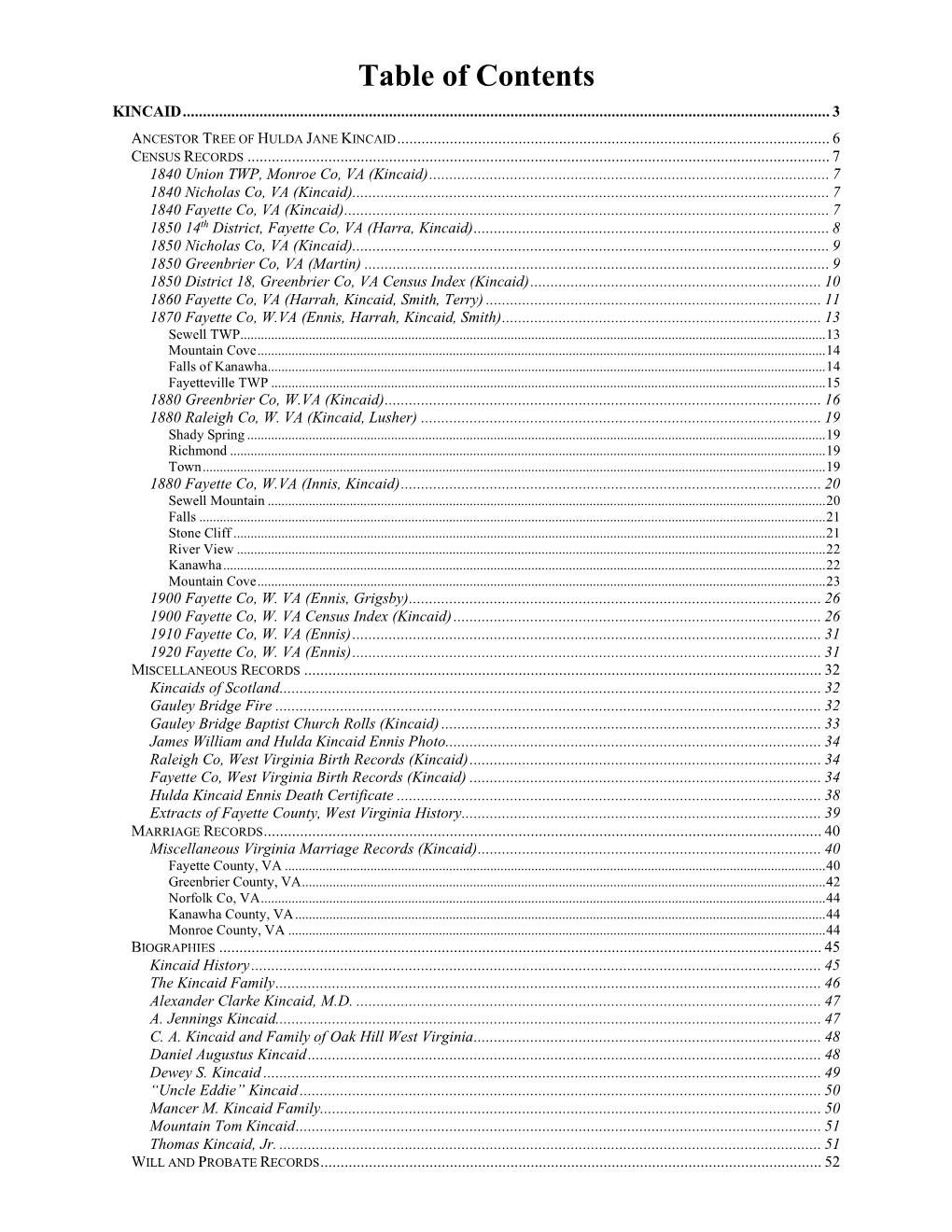 Table of Contents KINCAID