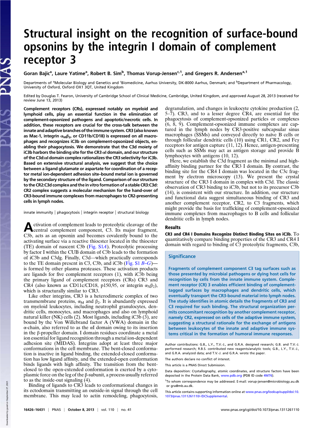 Structural Insight on the Recognition of Surface-Bound Opsonins by the Integrin I Domain of Complement Receptor 3