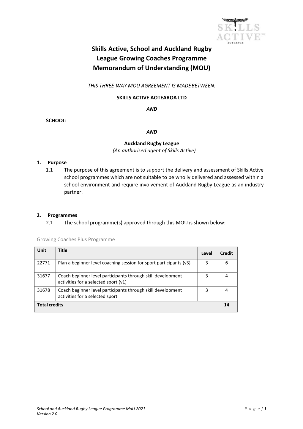 Skills Active, School and Auckland Rugby League Growing Coaches Programme Memorandum of Understanding (MOU)