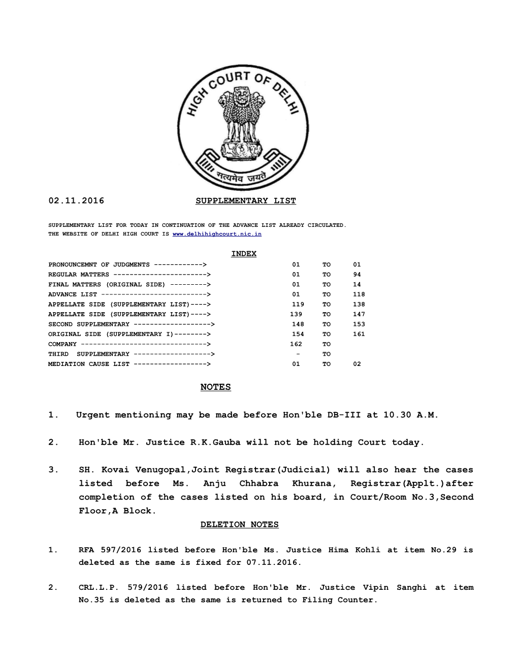 02.11.2016 SUPPLEMENTARY LIST 1. Urgent Mentioning May Be Made