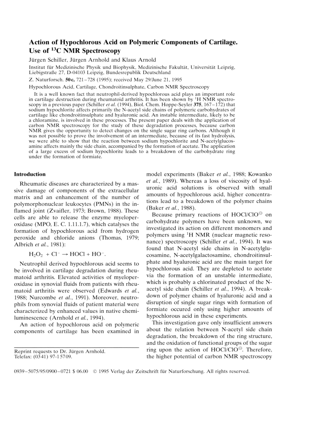 Action of Hypochlorous Acid on Polymeric Components of Cartilage