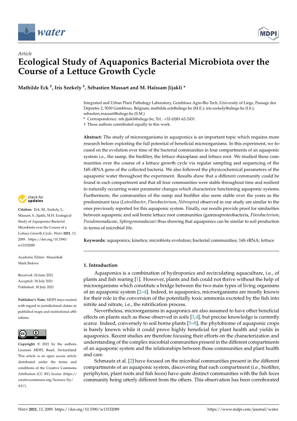 Ecological Study of Aquaponics Bacterial Microbiota Over the Course of a Lettuce Growth Cycle