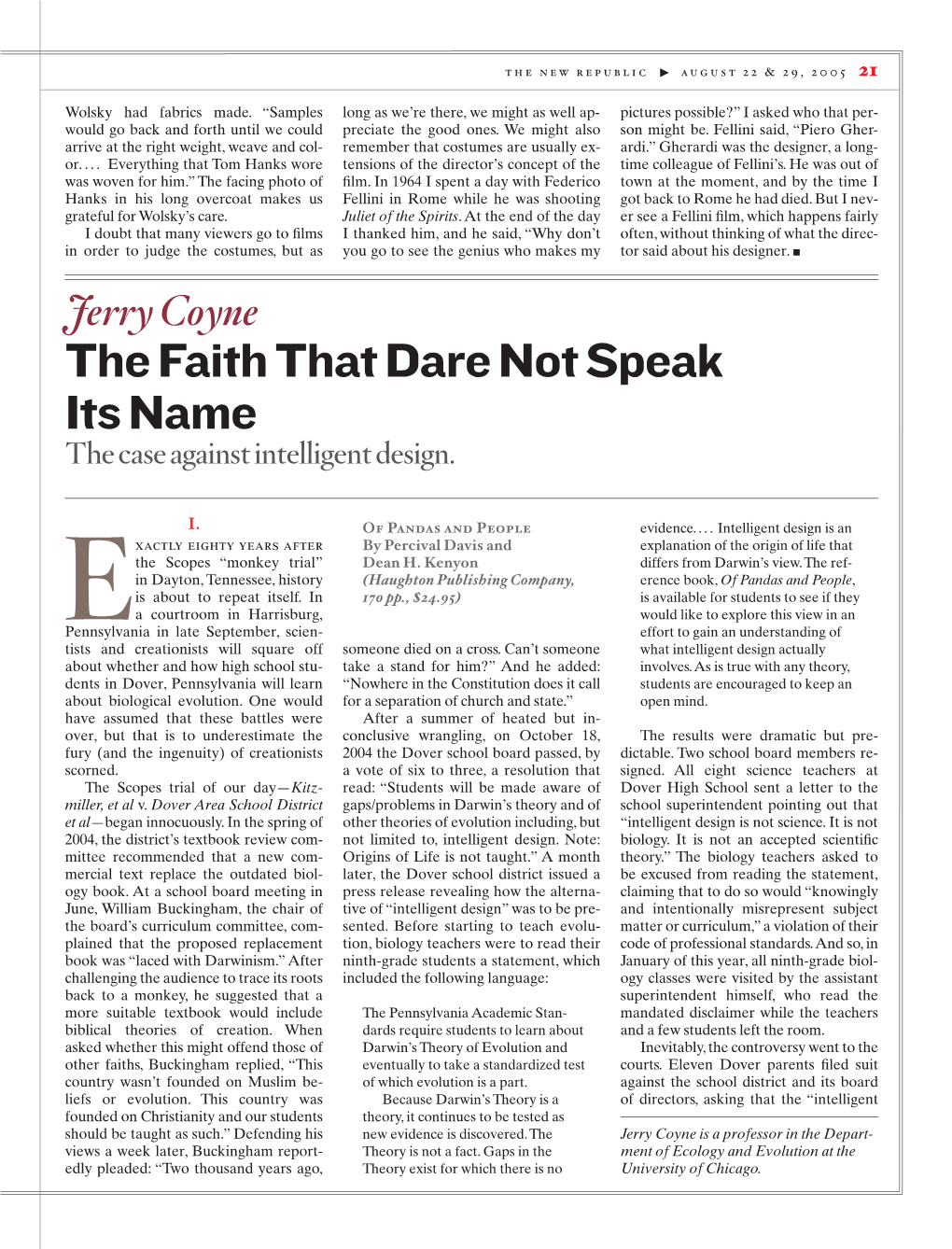 Jerry Coyne the Faith That Dare Not Speak Its Name the Case Against Intelligent Design