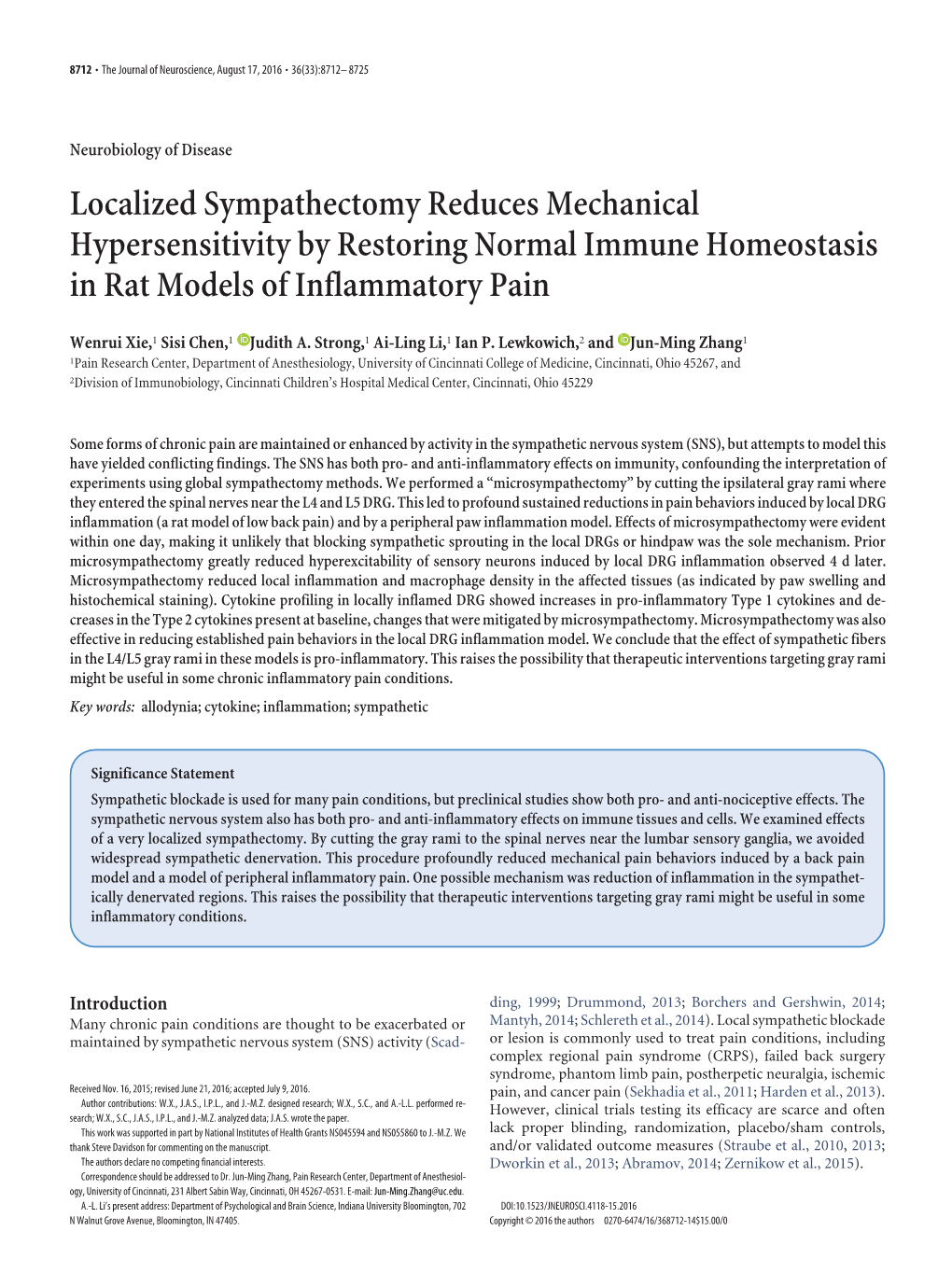 Localized Sympathectomy Reduces Mechanical Hypersensitivity by Restoring Normal Immune Homeostasis in Rat Models of Inflammatory Pain