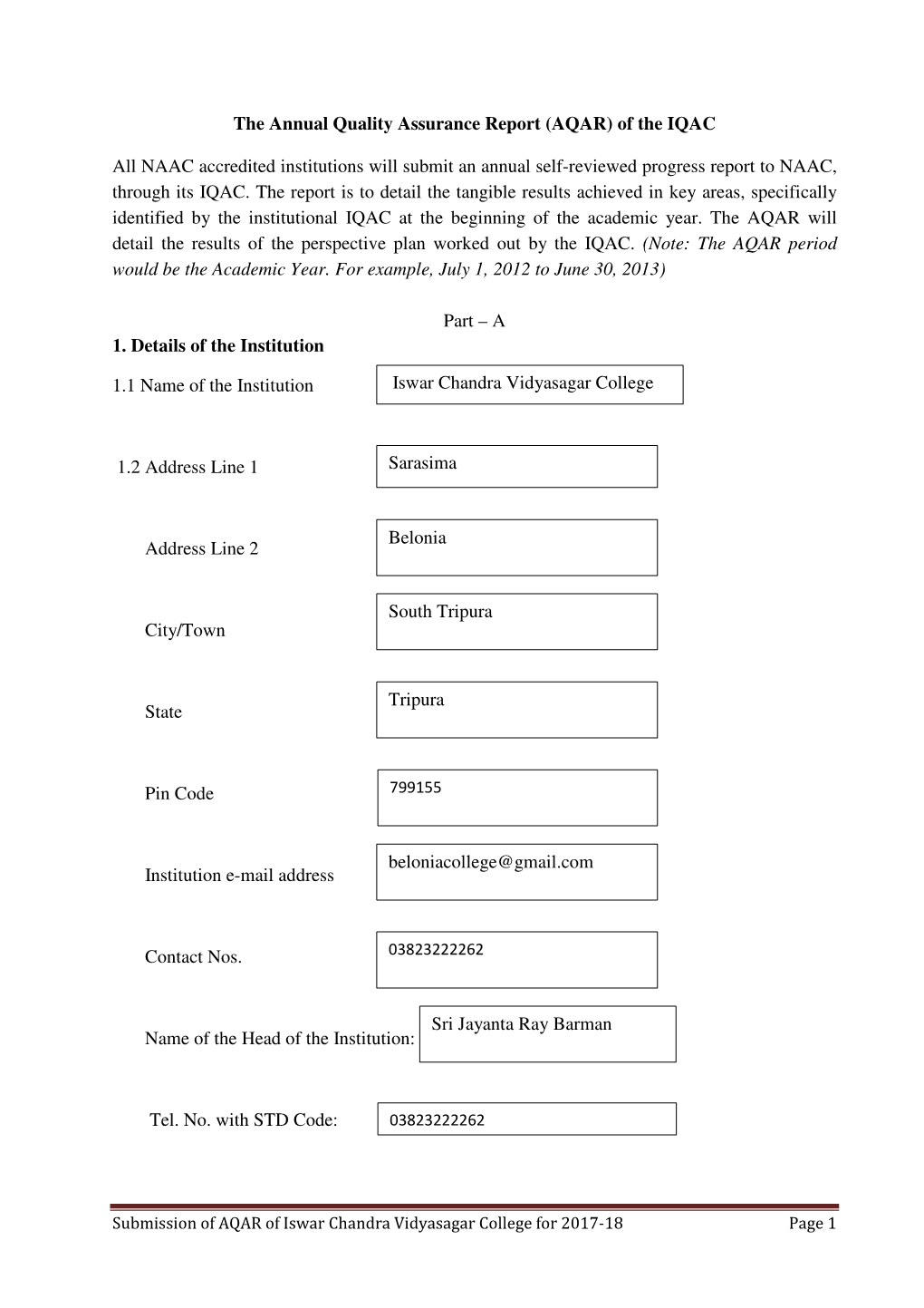 AQAR) of the IQAC