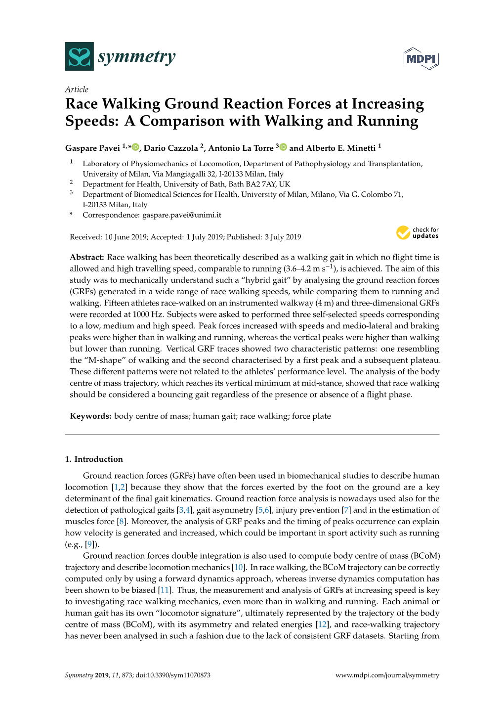 Race Walking Ground Reaction Forces at Increasing Speeds: a Comparison with Walking and Running