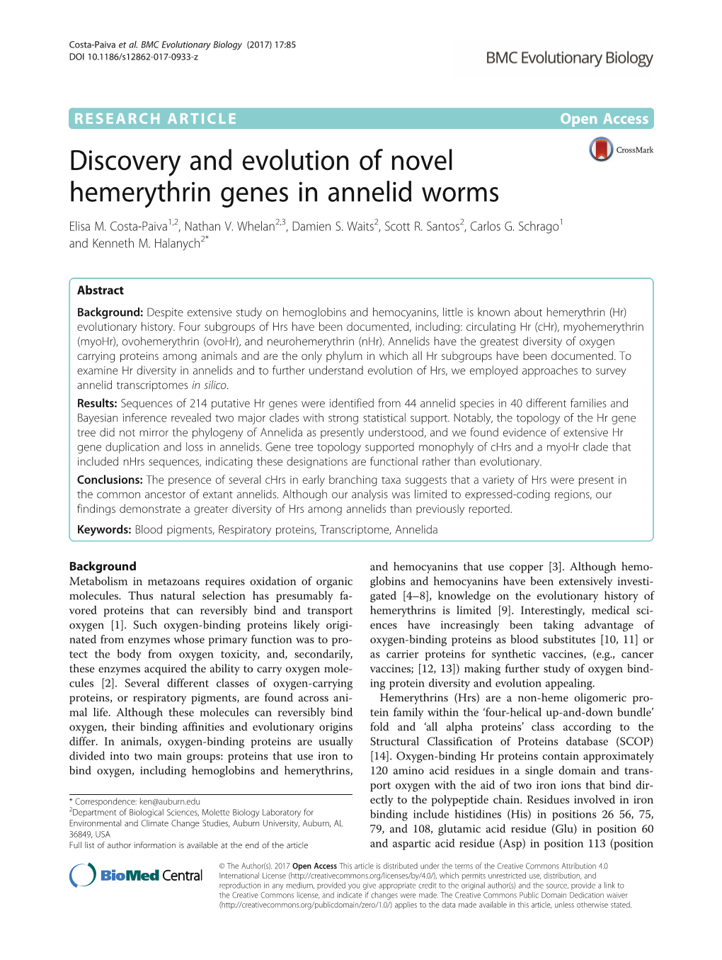 Discovery and Evolution of Novel Hemerythrin Genes in Annelid Worms Elisa M