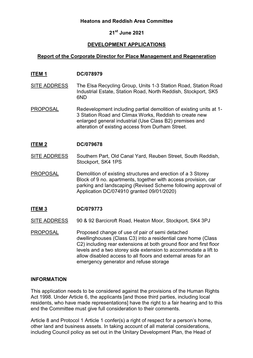 Heatons and Reddish Area Committee 21 June 2021