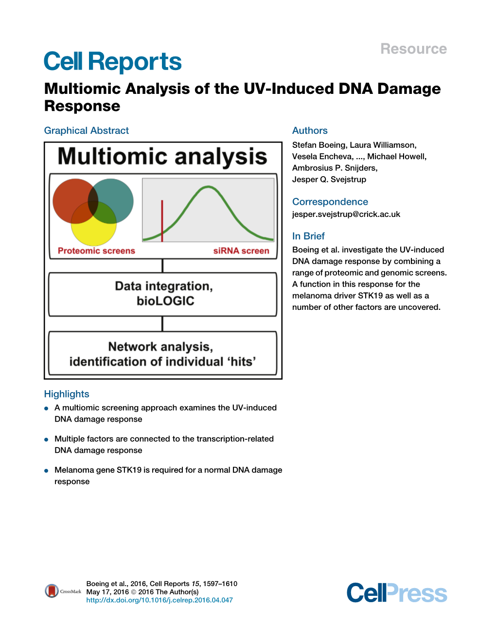 Multiomic Analysis of the UV-Induced DNA Damage Response